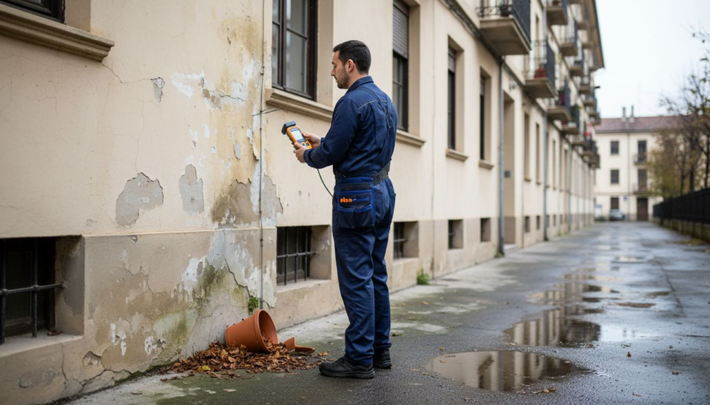 Especialista inspeccionando la humedad en la fachada de una casa