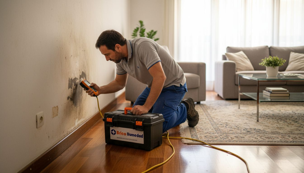 Un técnico inspecciona una pared con humedad en una vivienda para determinar el origen del problema.