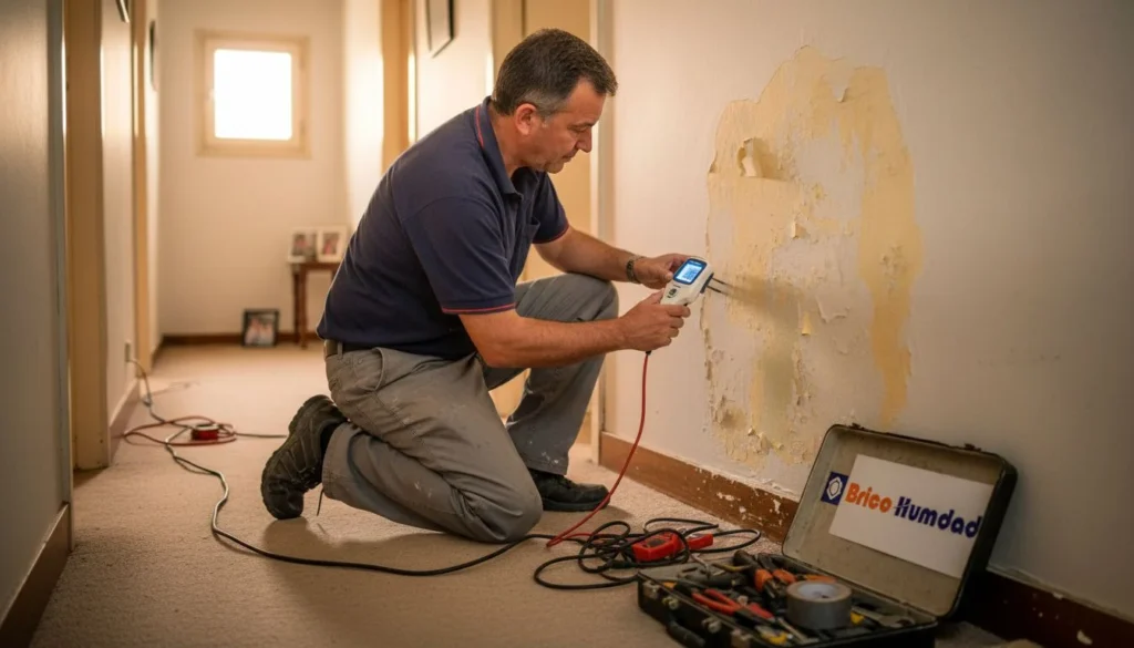 Especialista revisando la humedad de una pared con un medidor