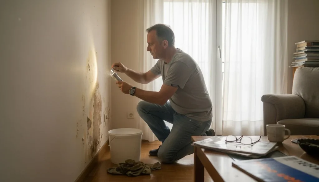 Hombre revisando la pared de su casa en busca de humedad