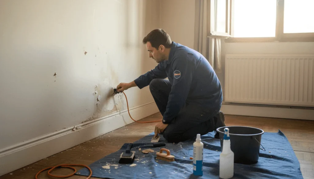 Hombre revisando las manchas de humedad que han aparecido en la pared
