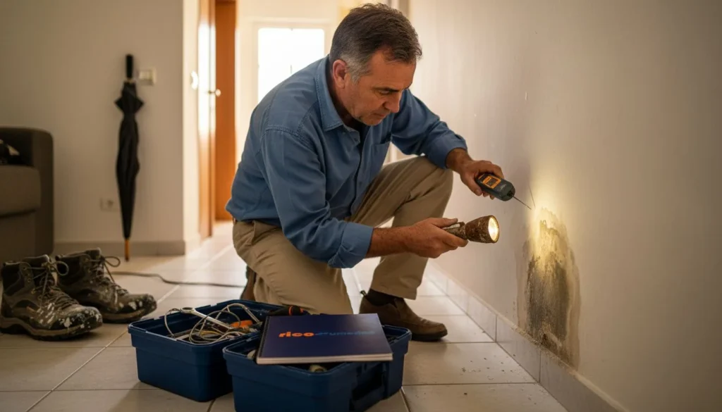 Un especialista revisa la presencia de humedad en la parte baja de la pared.