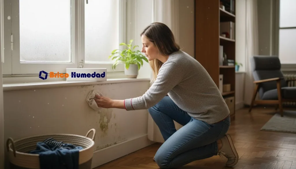 Una mujer revisa la humedad por condensación que se ha formado cerca de la ventana.