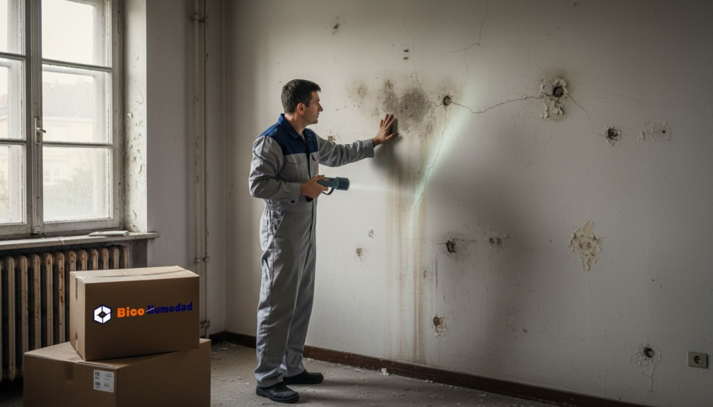 Especialista inspeccionando filtraciones de humedad en la pared