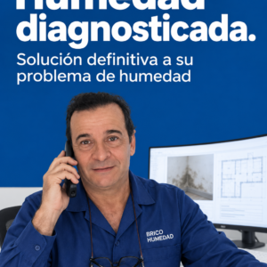 Técnico diagnosticando humedad por teléfono